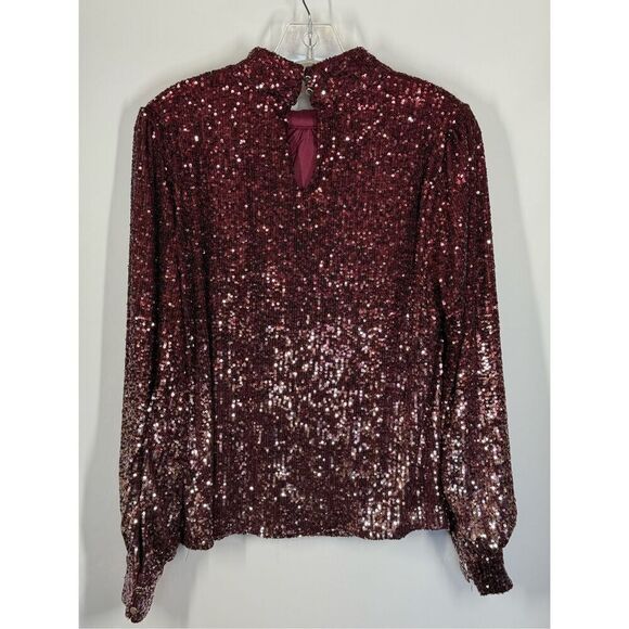 Cable and gauge Merlot rose gold sequin mock neck blouse size large  - Picture 9 of 10